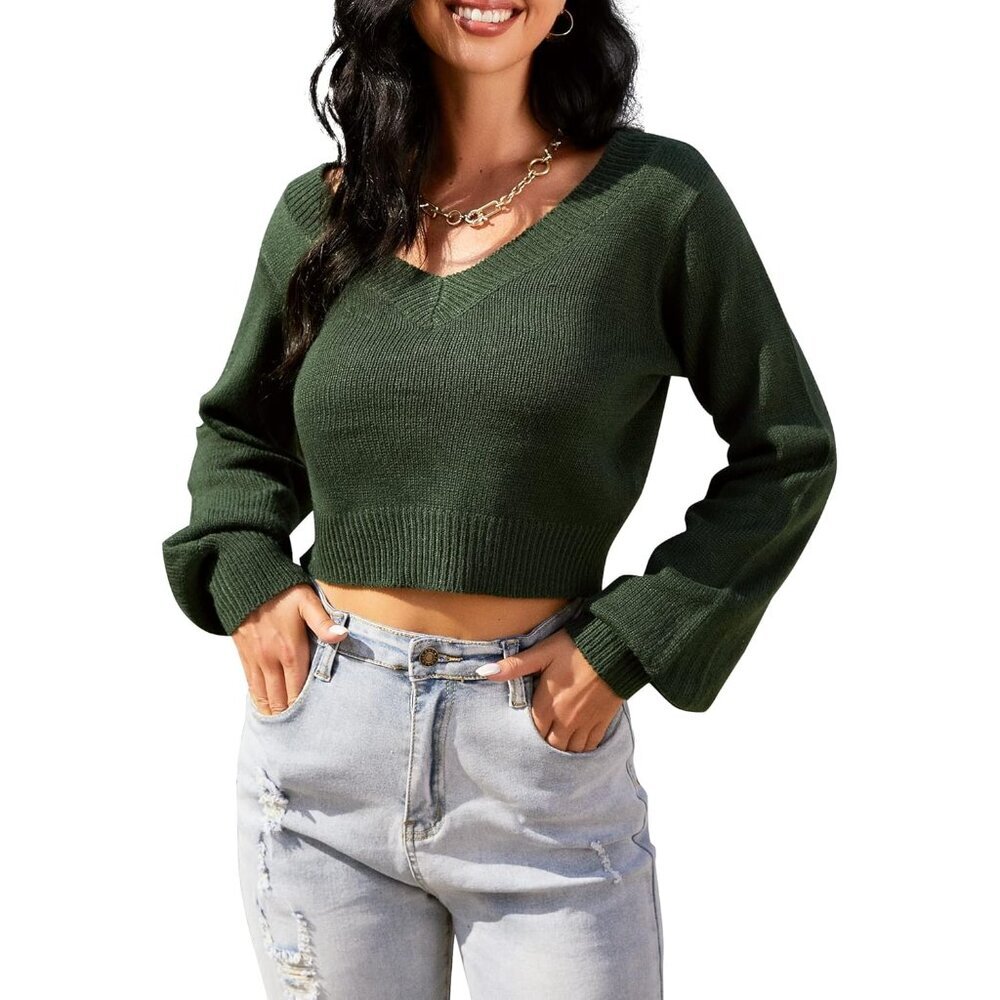 Elegant Lightweight V-Neck Crop Sweater for Women - Long Sleeve Casual Knit - Picture 5 of 6